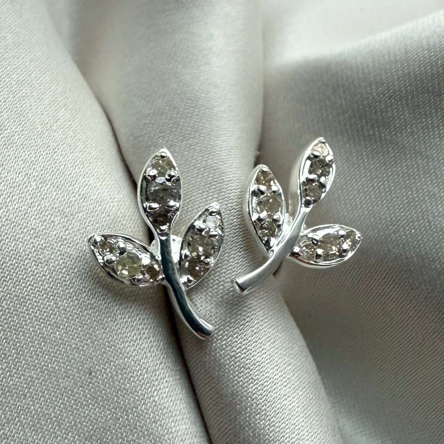 Diamond leaf sterling silver earrings