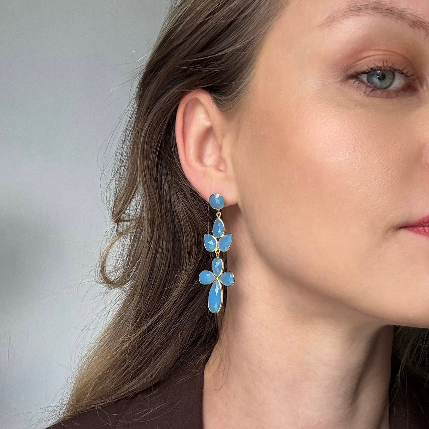 Azure Bloom blue chalcedony briolette earrings