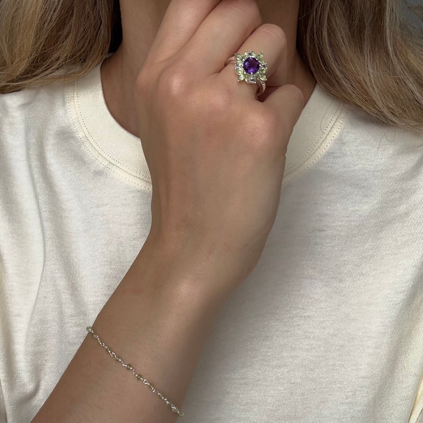 Peridot bloom amethyst and peridot silver ring