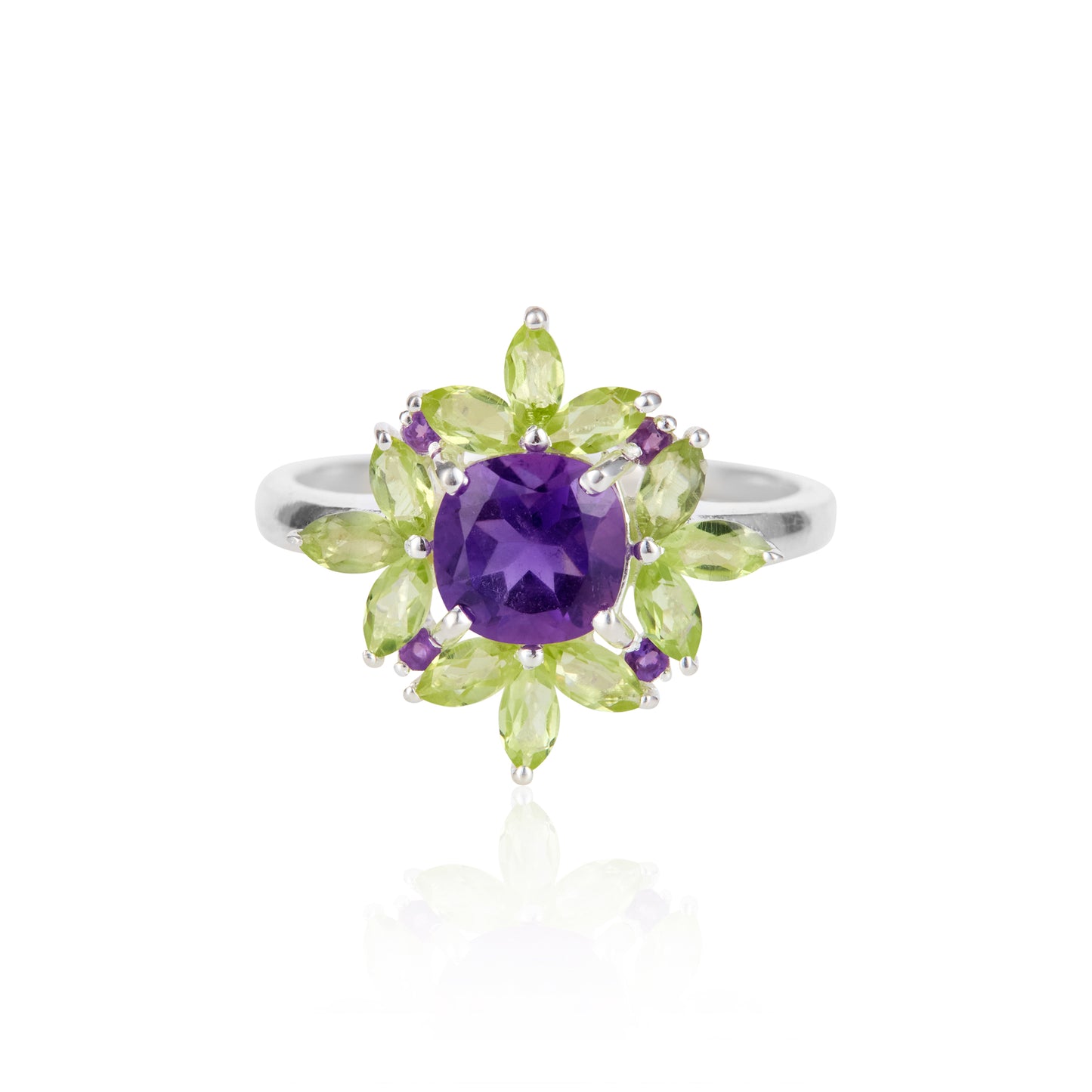 Peridot bloom amethyst and peridot silver ring