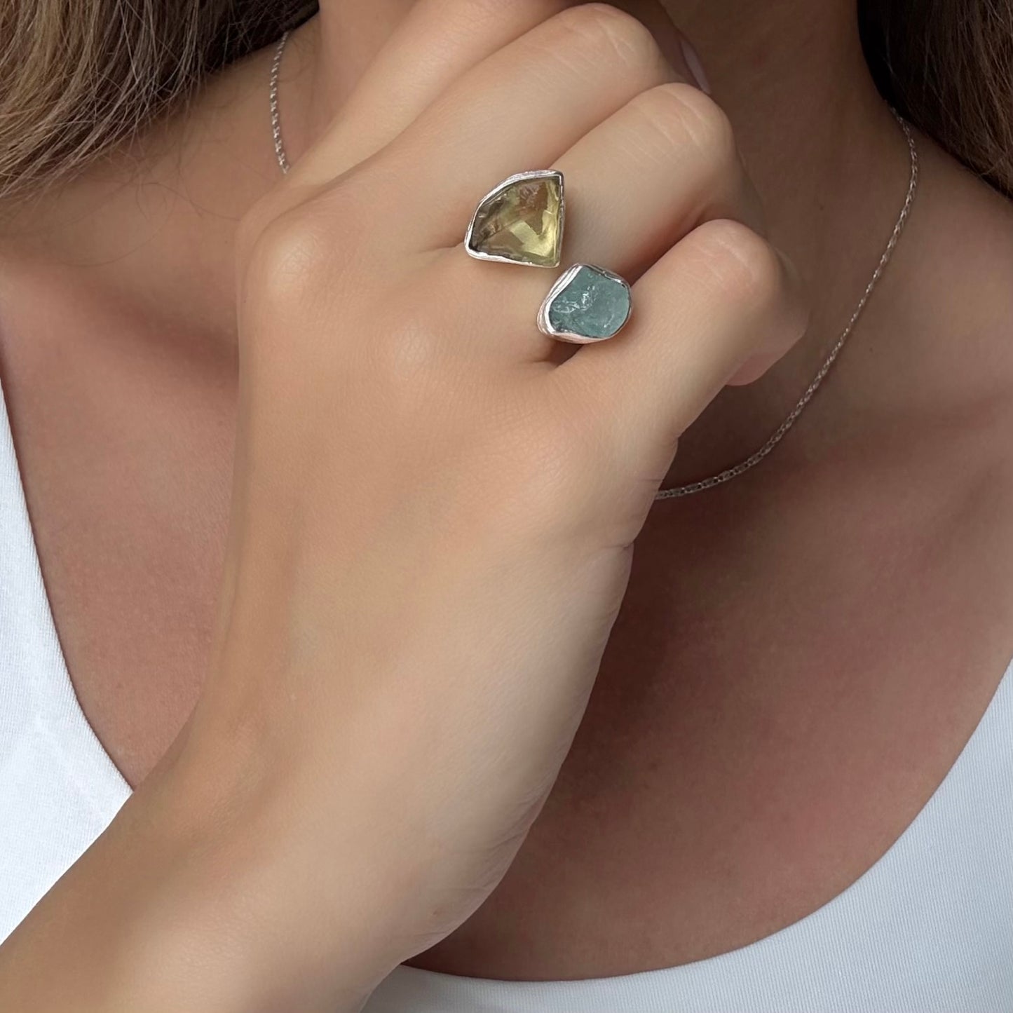 Aquamarine and lemon topaz sterling silver ring