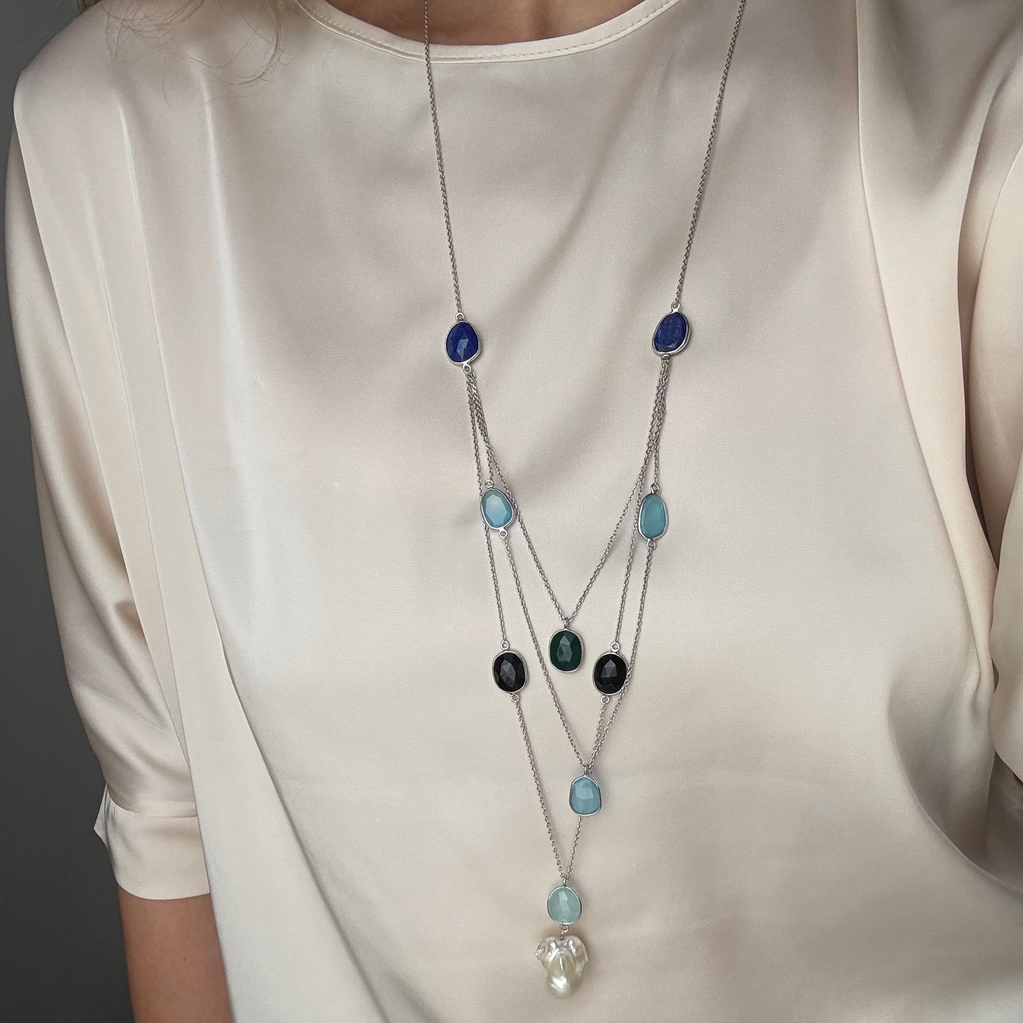Multi-gemstone layered sterling silver necklace