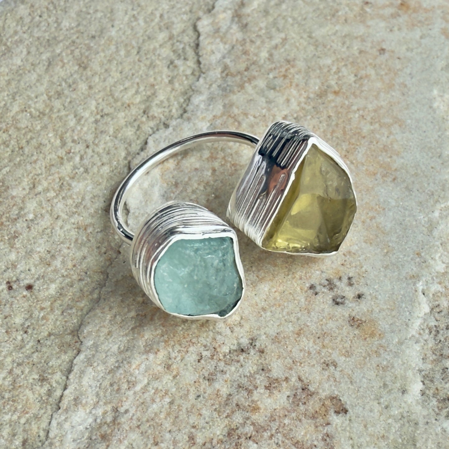 Soltice aquamarine and lemon topaz ring