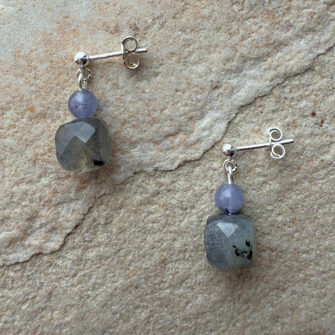 Dainty labradorite and tanzanite drops
