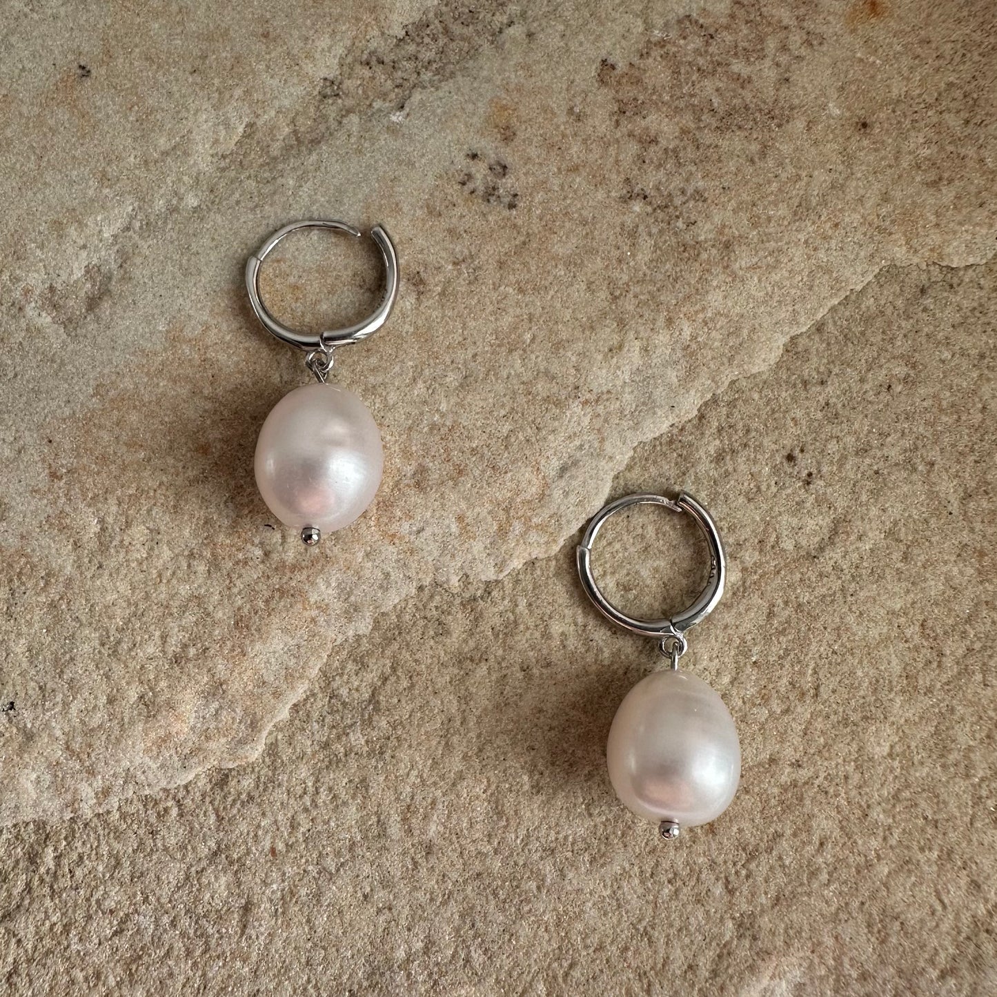 Baroque pearl drop huggie sterling silver earrings