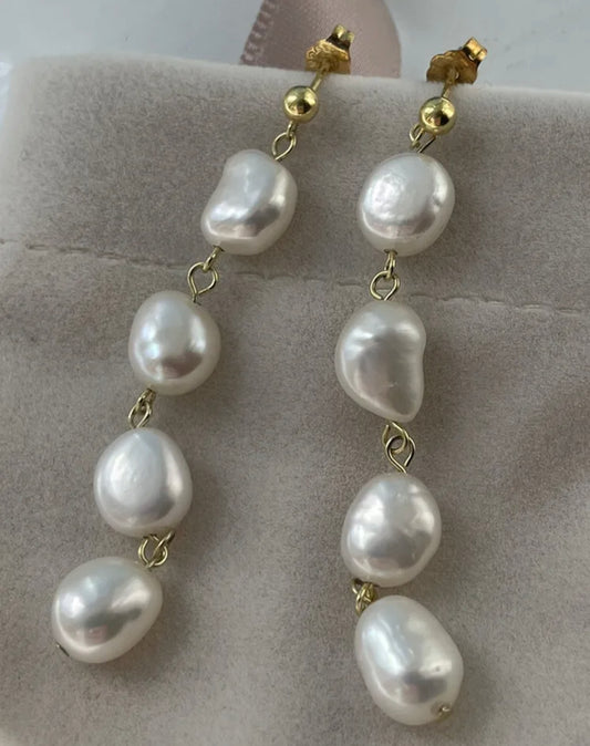 Long drop baroque pearl stud earrings