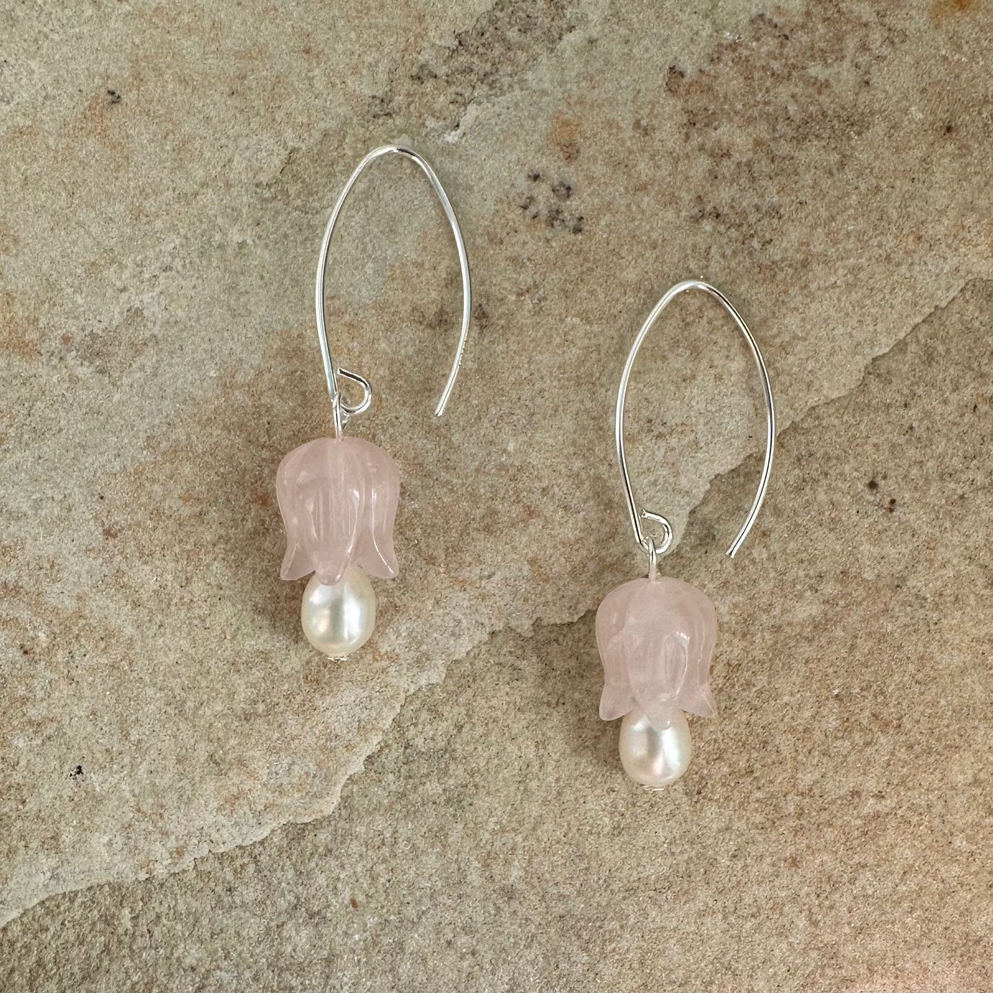 Rose quartz and pearl tulip earrings