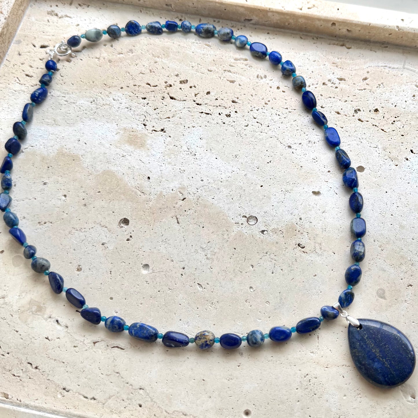 Lapis lazuli and apatite sterling silver necklace