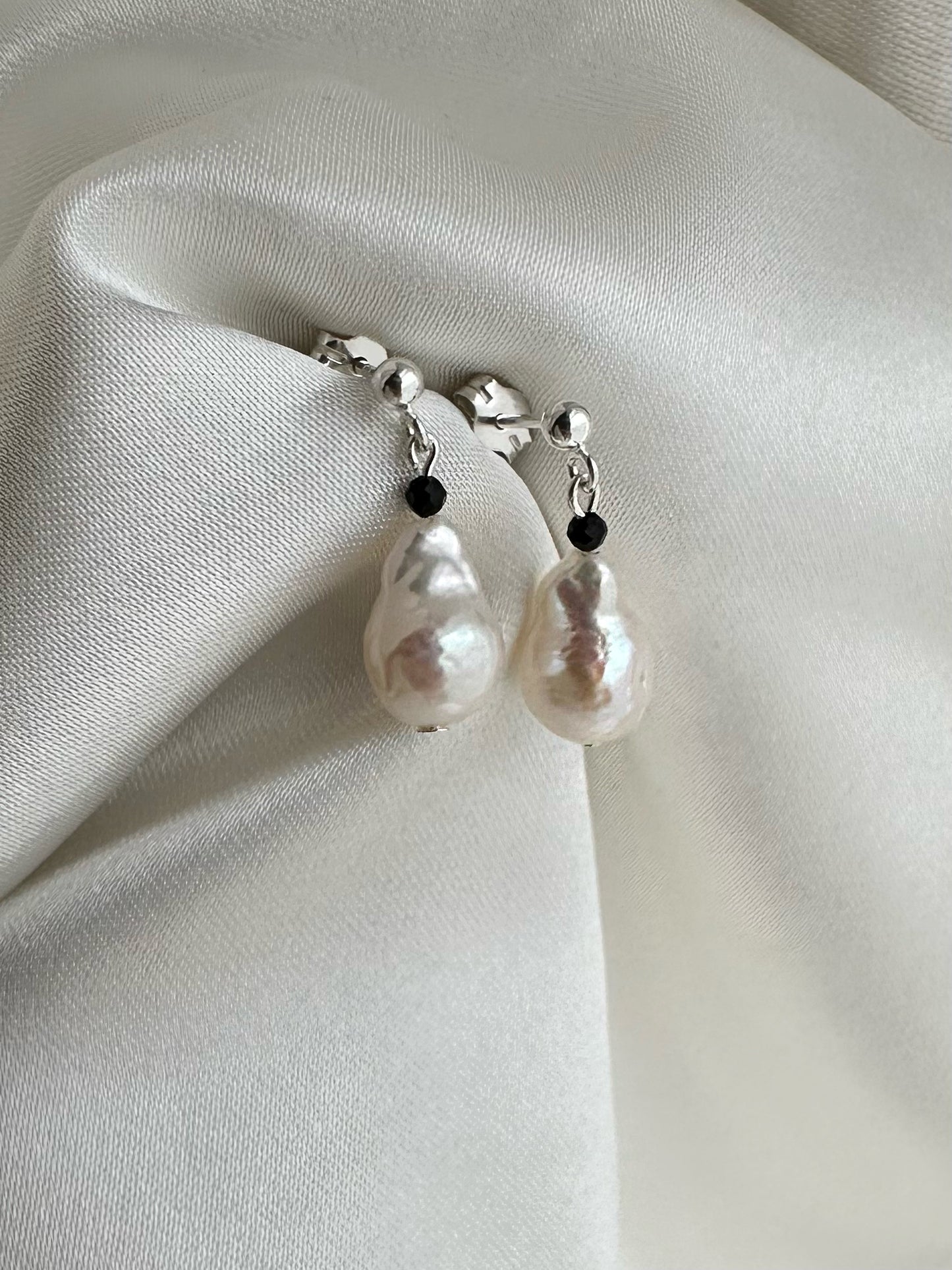 Baroque pearl and black spinel sterling silver earrings