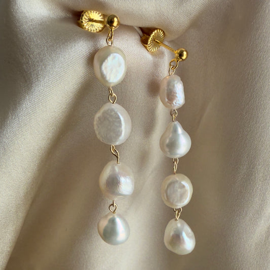 Long drop baroque pearl stud earrings