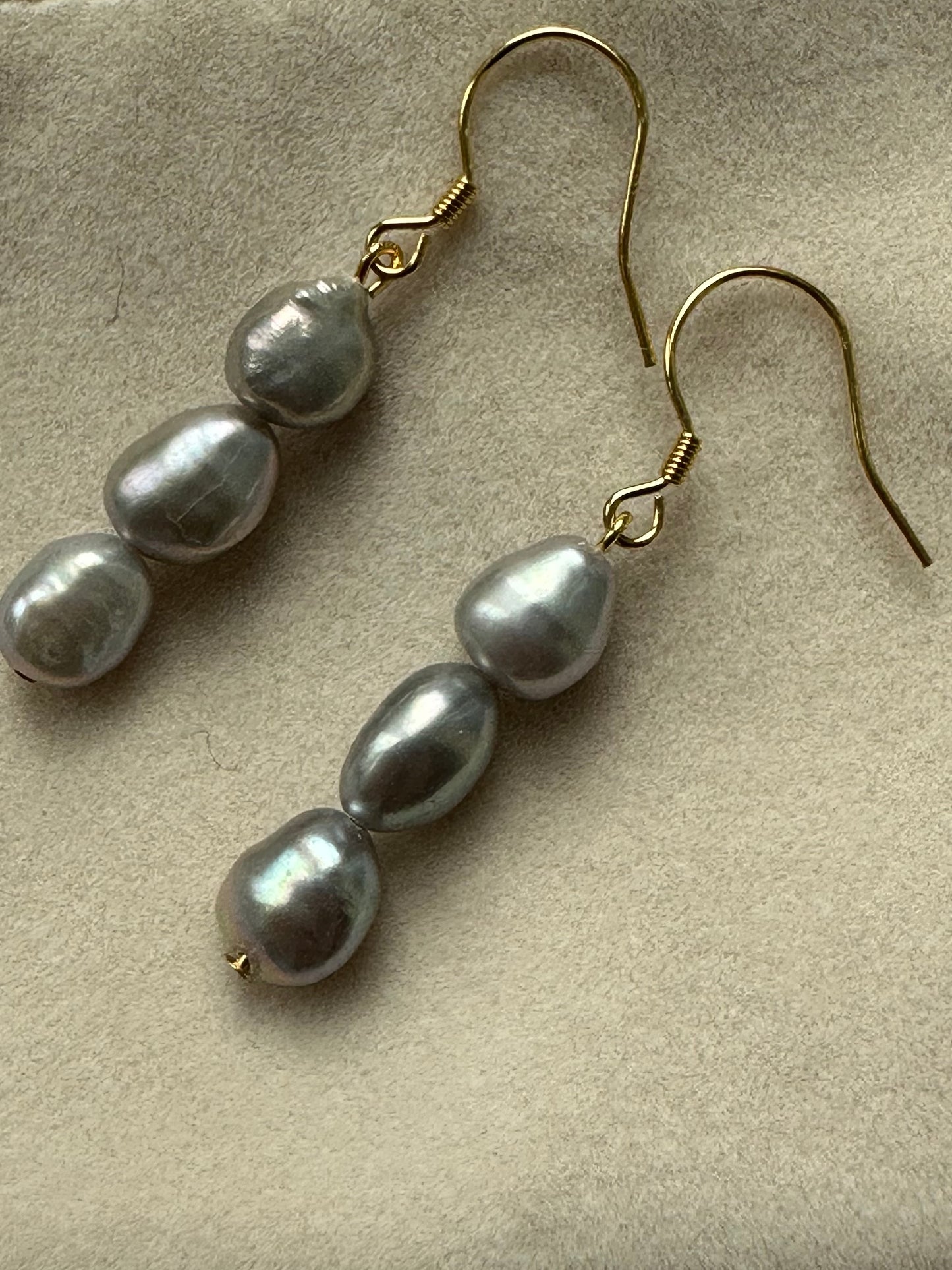 Three grey baroque pearl drop hook earrings