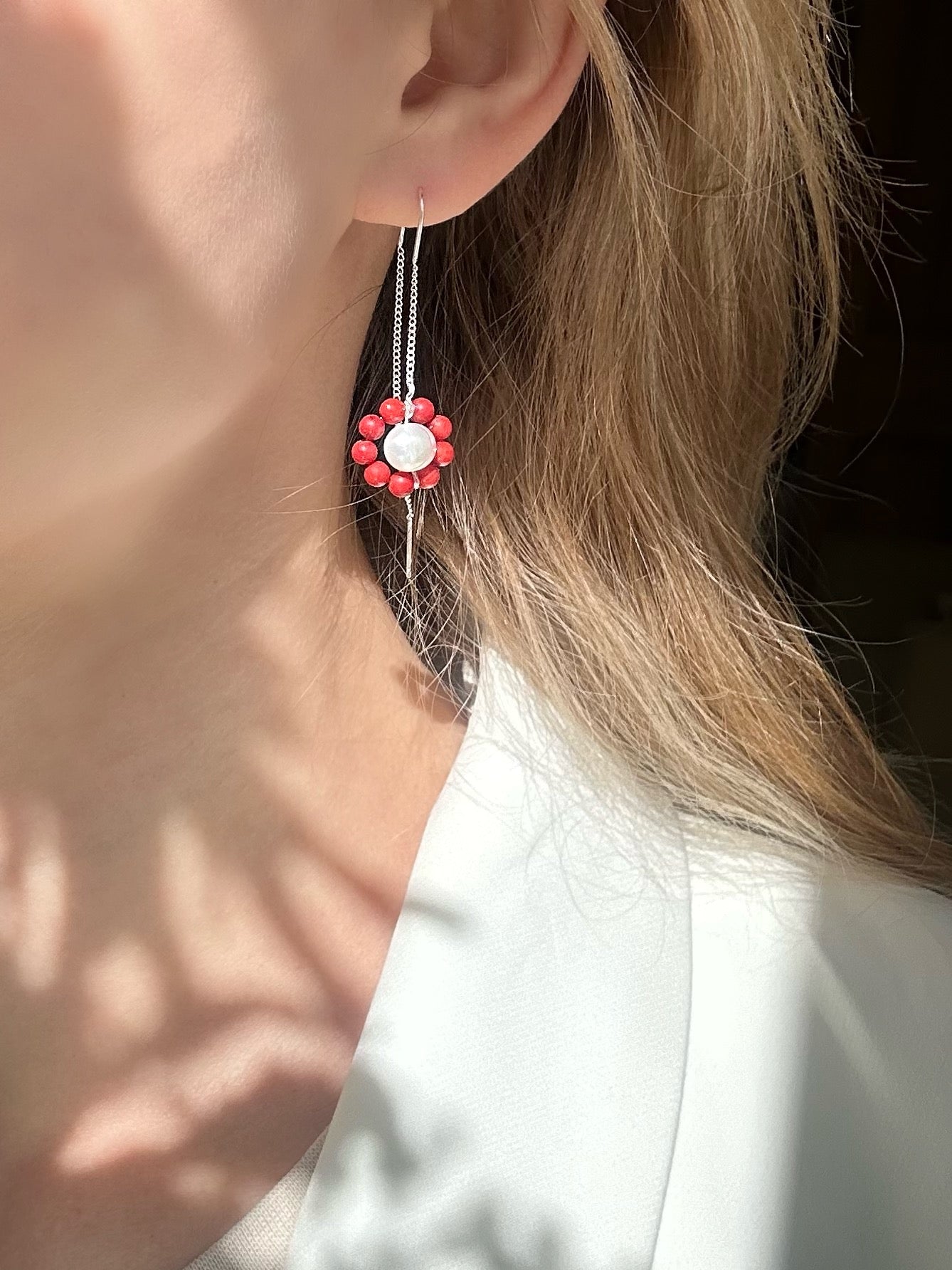 Coral and pearl flower sterling silver threader earrings