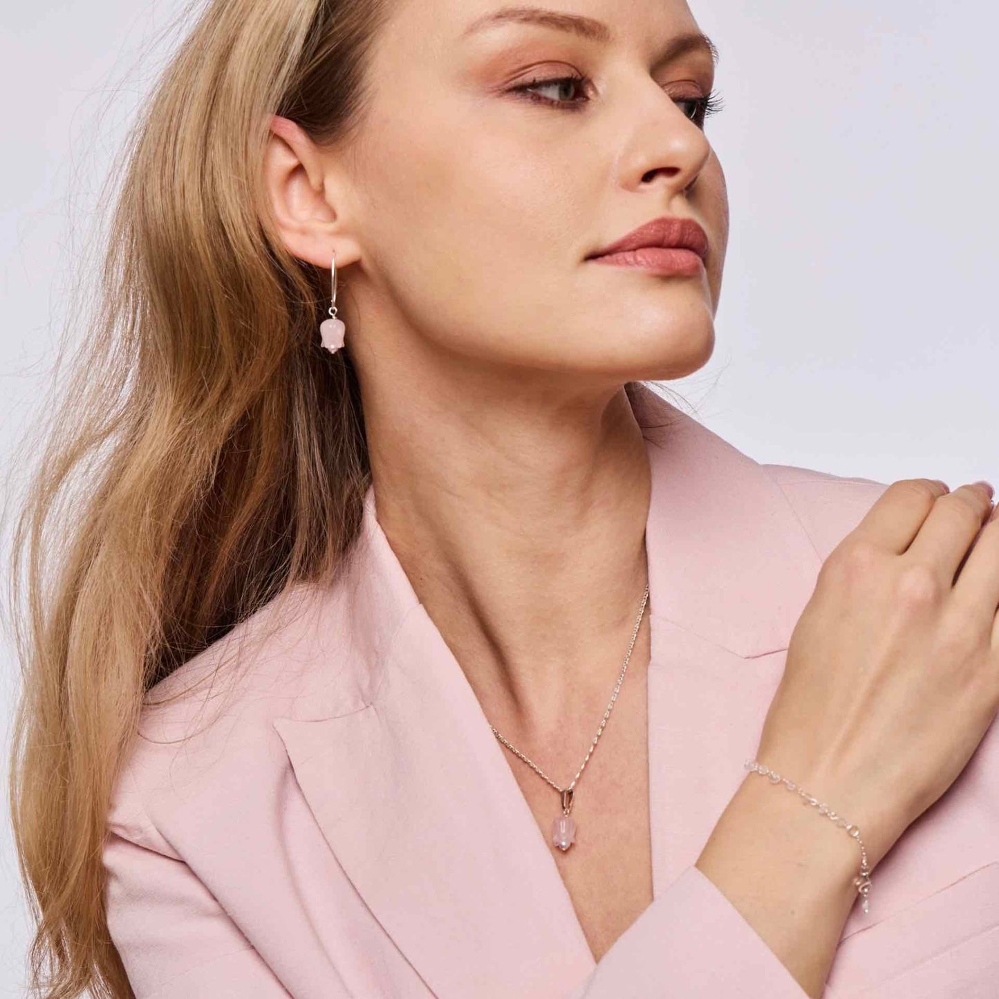 Rose quartz and pearl tulip earrings