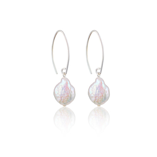 Teardrop pearl sterling silver wire hook earrings