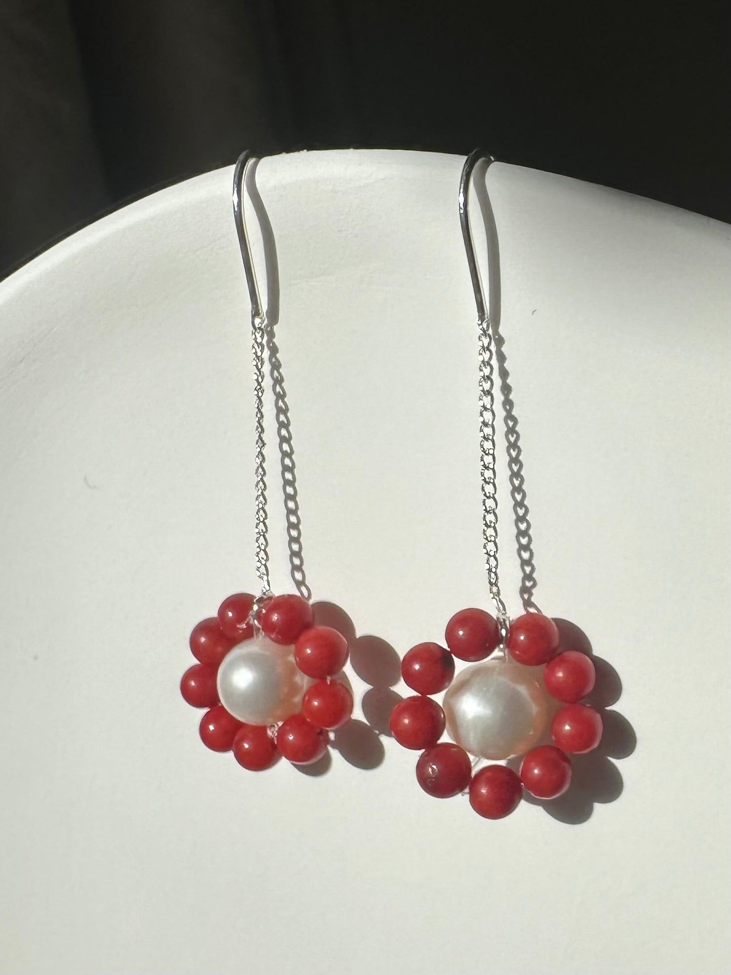 Coral and pearl flower sterling silver threader earrings