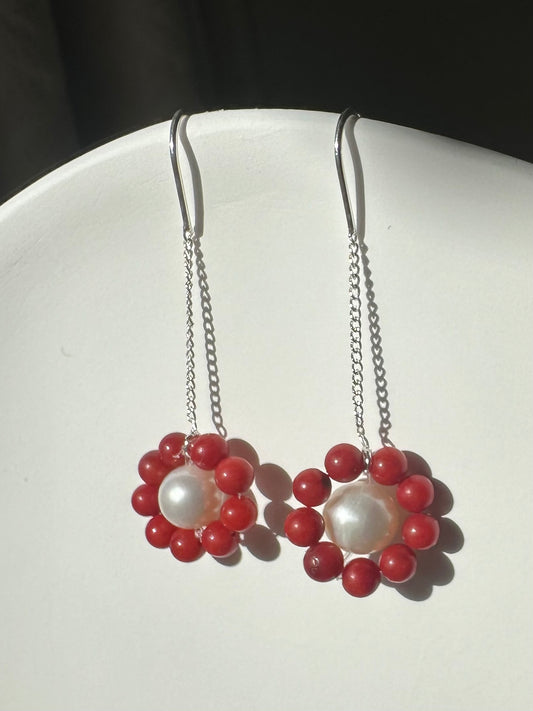 Coral and pearl flower sterling silver threader earrings