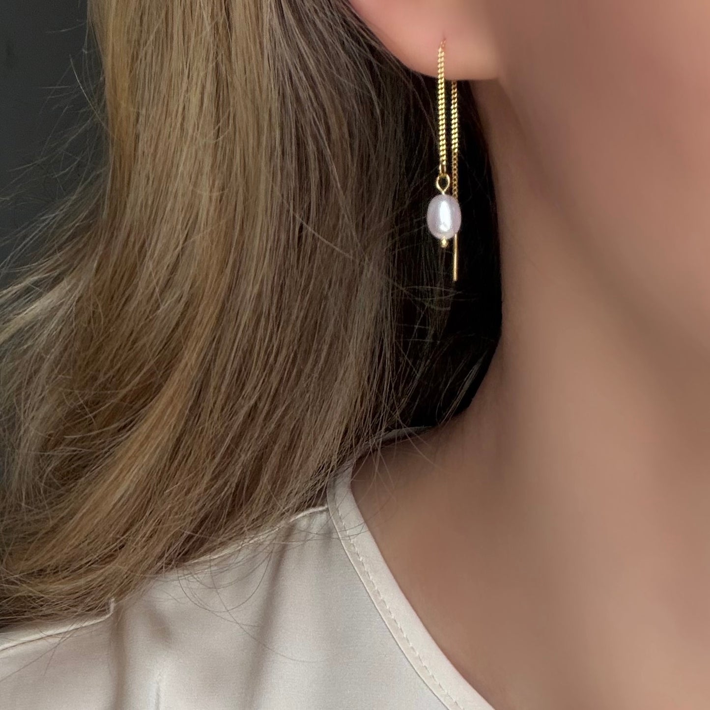 Gold Plated Sterling Silver Freshwater Pearl Threader Earrings