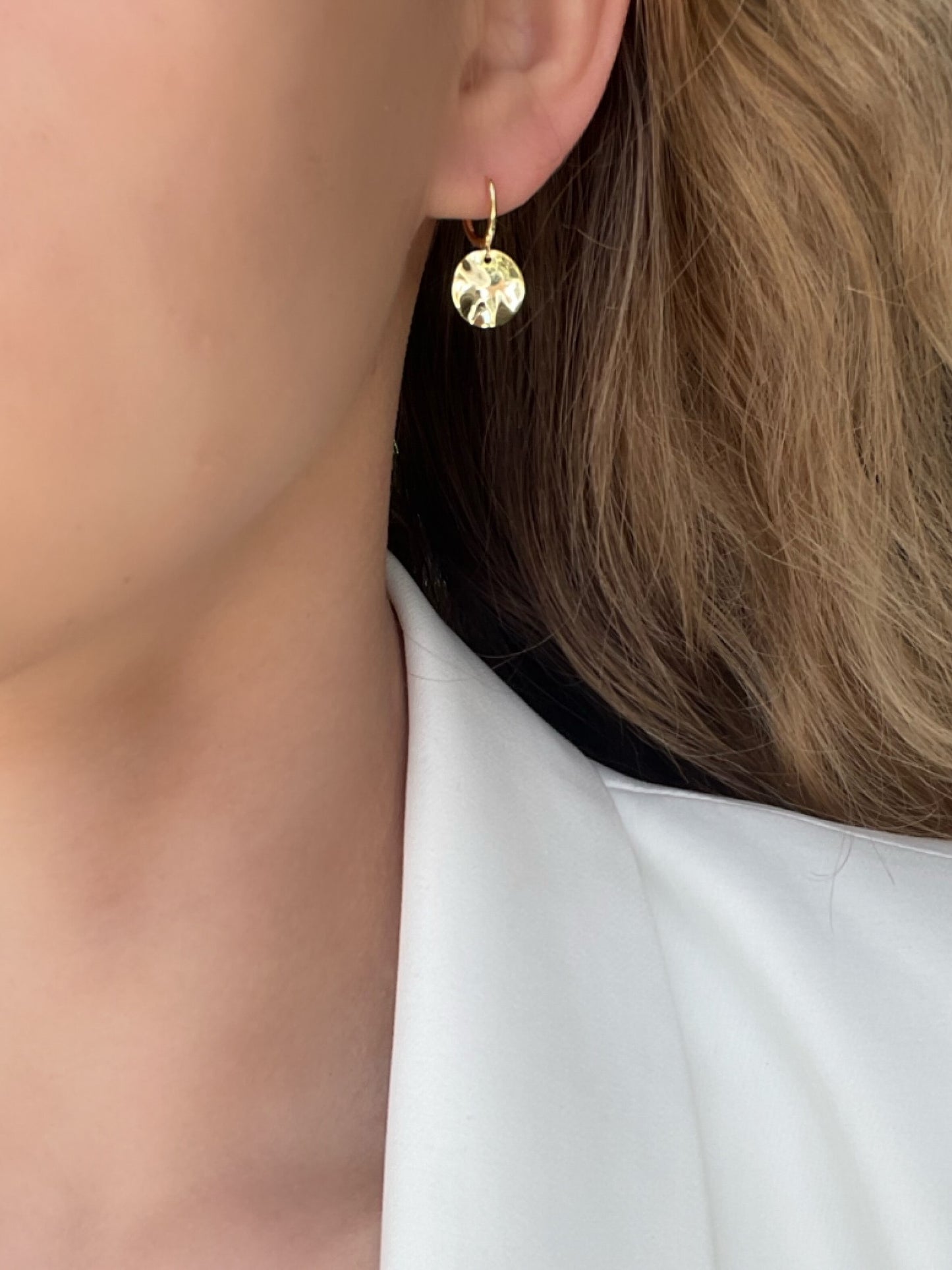 Gold plated sterling silver hammered drop huggie earrings