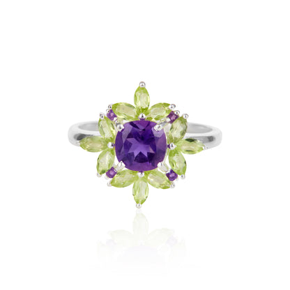 Peridot bloom amethyst and peridot silver ring