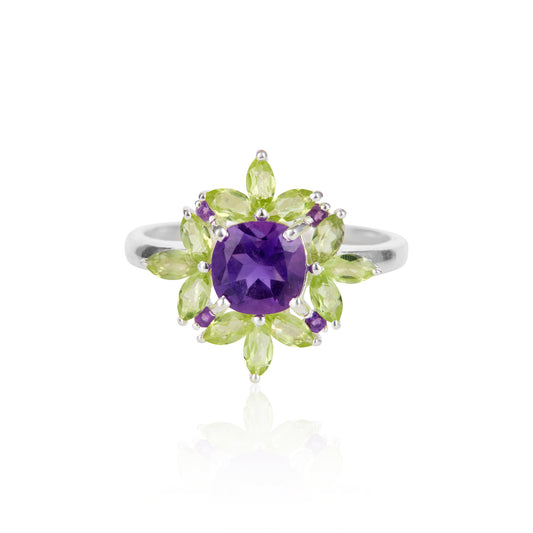 Peridot bloom amethyst and peridot silver ring