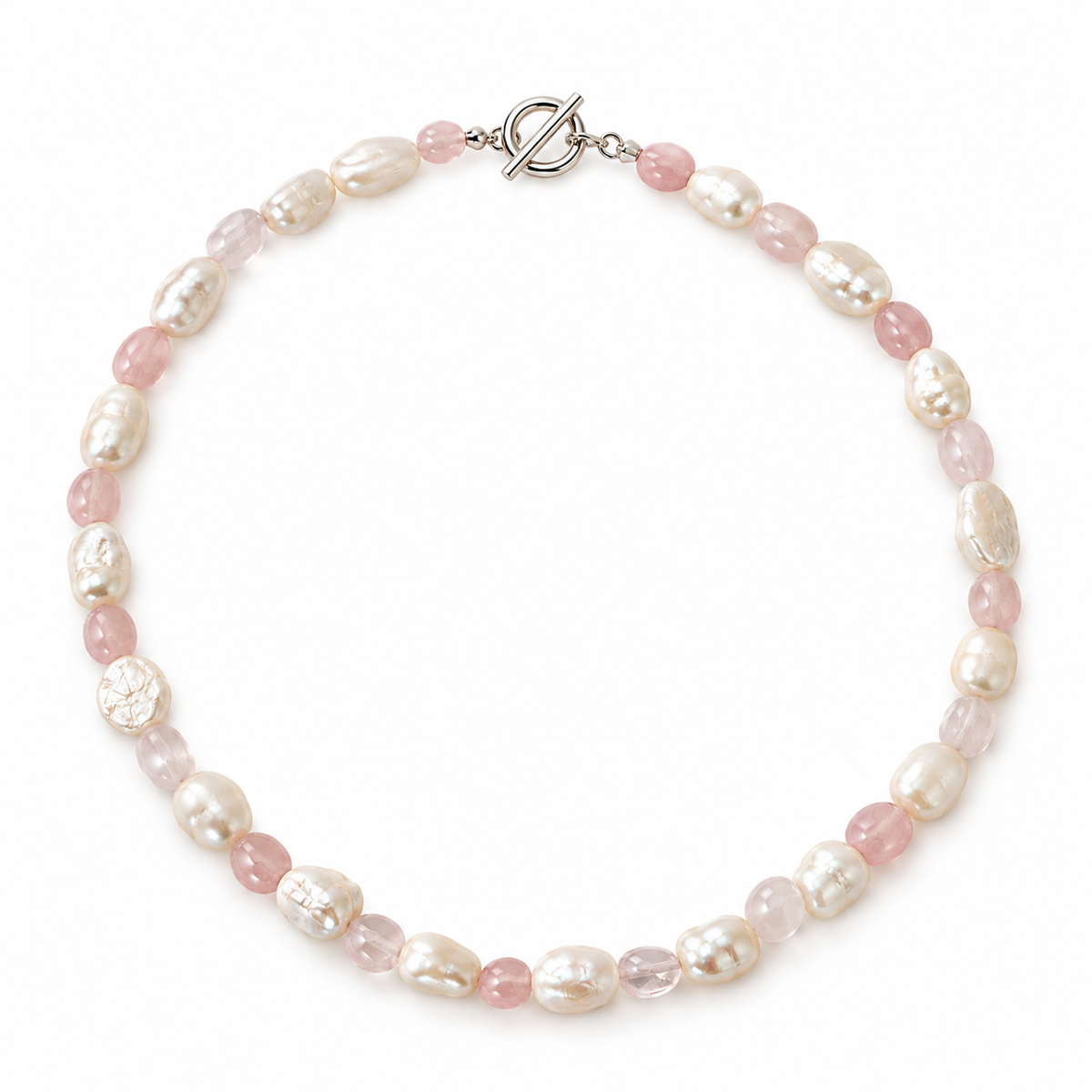 Freshwater pearl and rose quartz sterling silver necklace