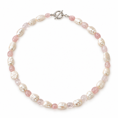 Freshwater pearl and rose quartz sterling silver necklace