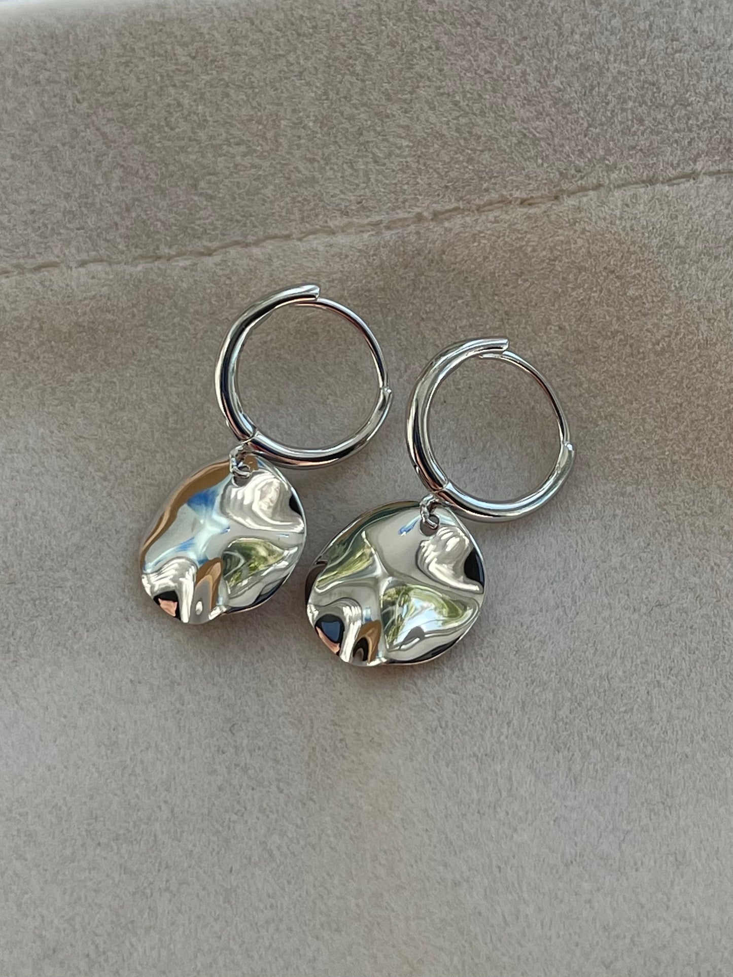 Silver hammered drop huggie earrings