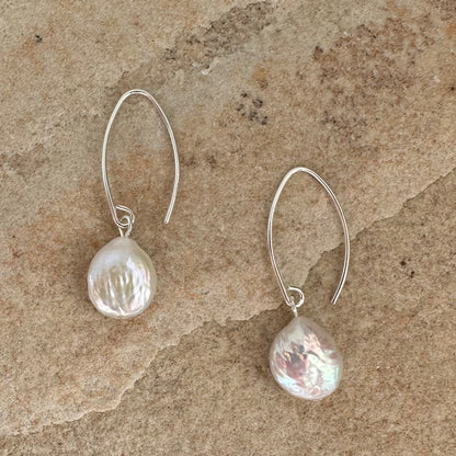 Teardrop pearl sterling silver wire hook earrings