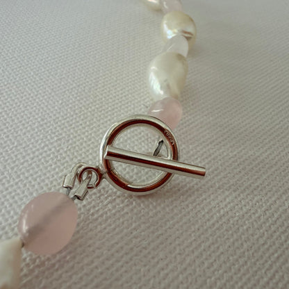 Freshwater pearl and rose quartz sterling silver necklace