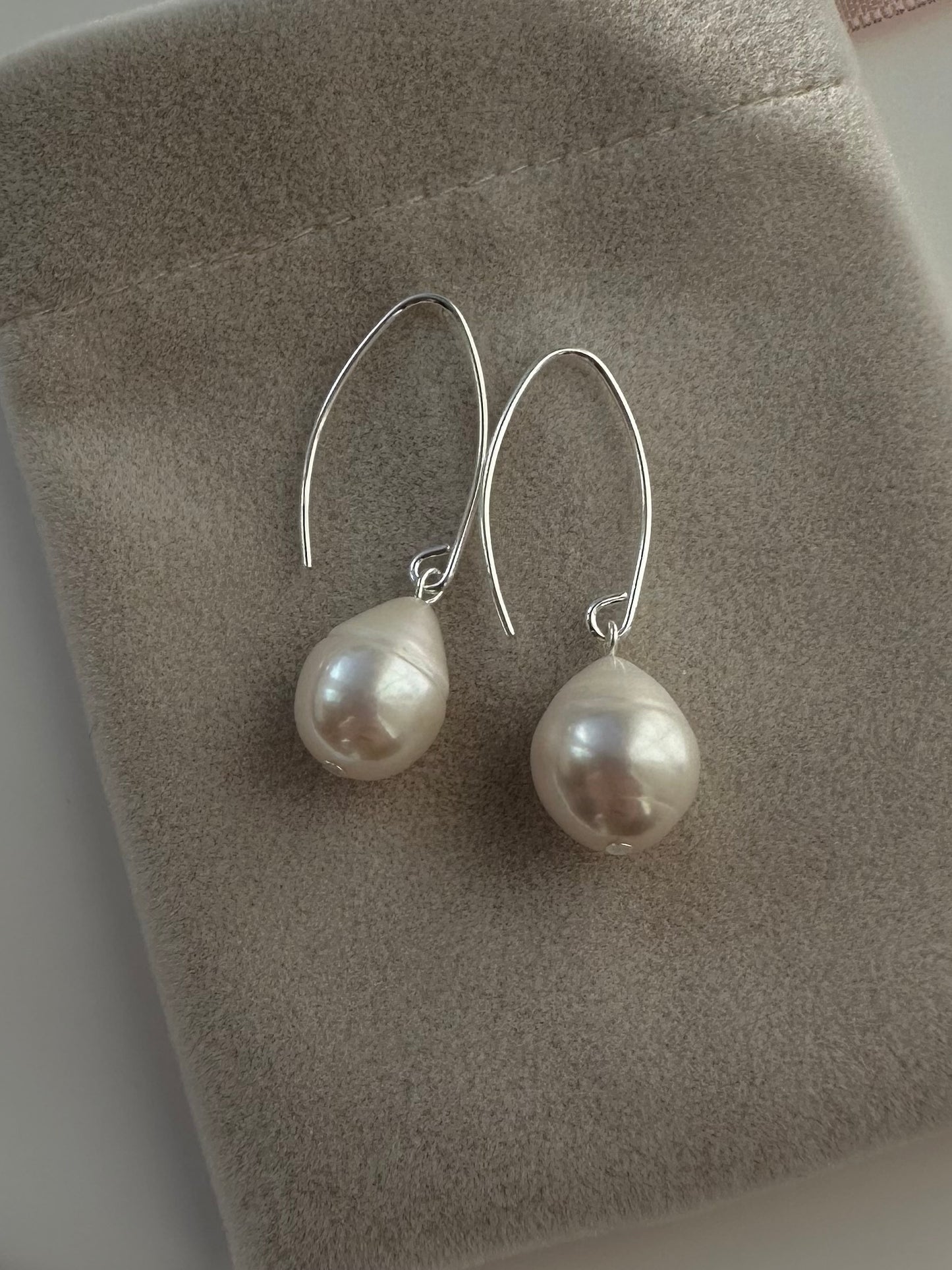 Teardrop pearl sterling silver wire hook earrings