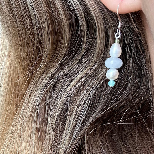 Azure pearl, topaz and amazonite earrings
