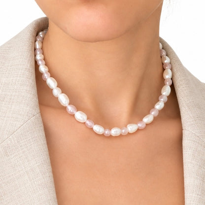 Freshwater pearl and rose quartz sterling silver necklace