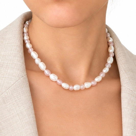 Freshwater pearl and rose quartz sterling silver necklace