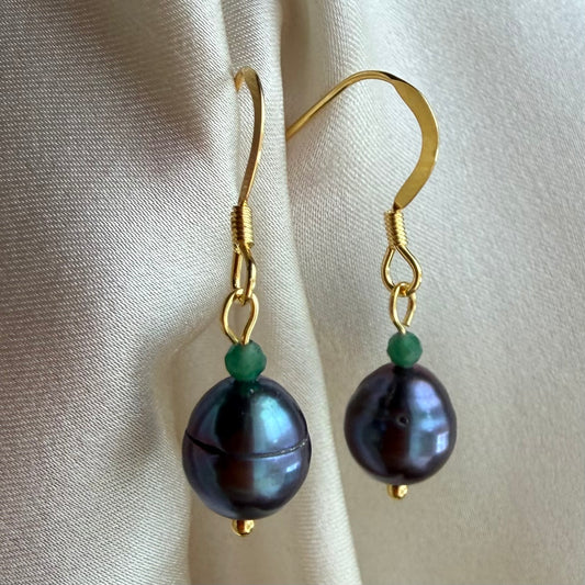 Gold vermeil sterling silver freshwater pearl and emerald earrings