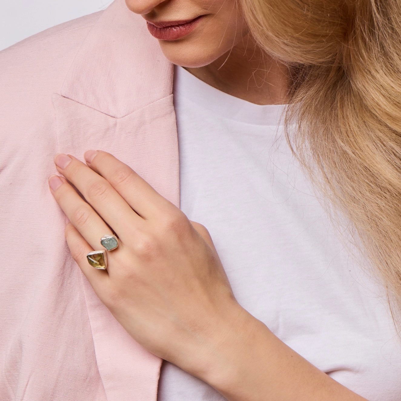 Aquamarine and lemon topaz sterling silver ring