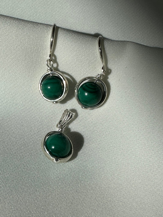 Malachite sphere gemstone earrings and pendant set