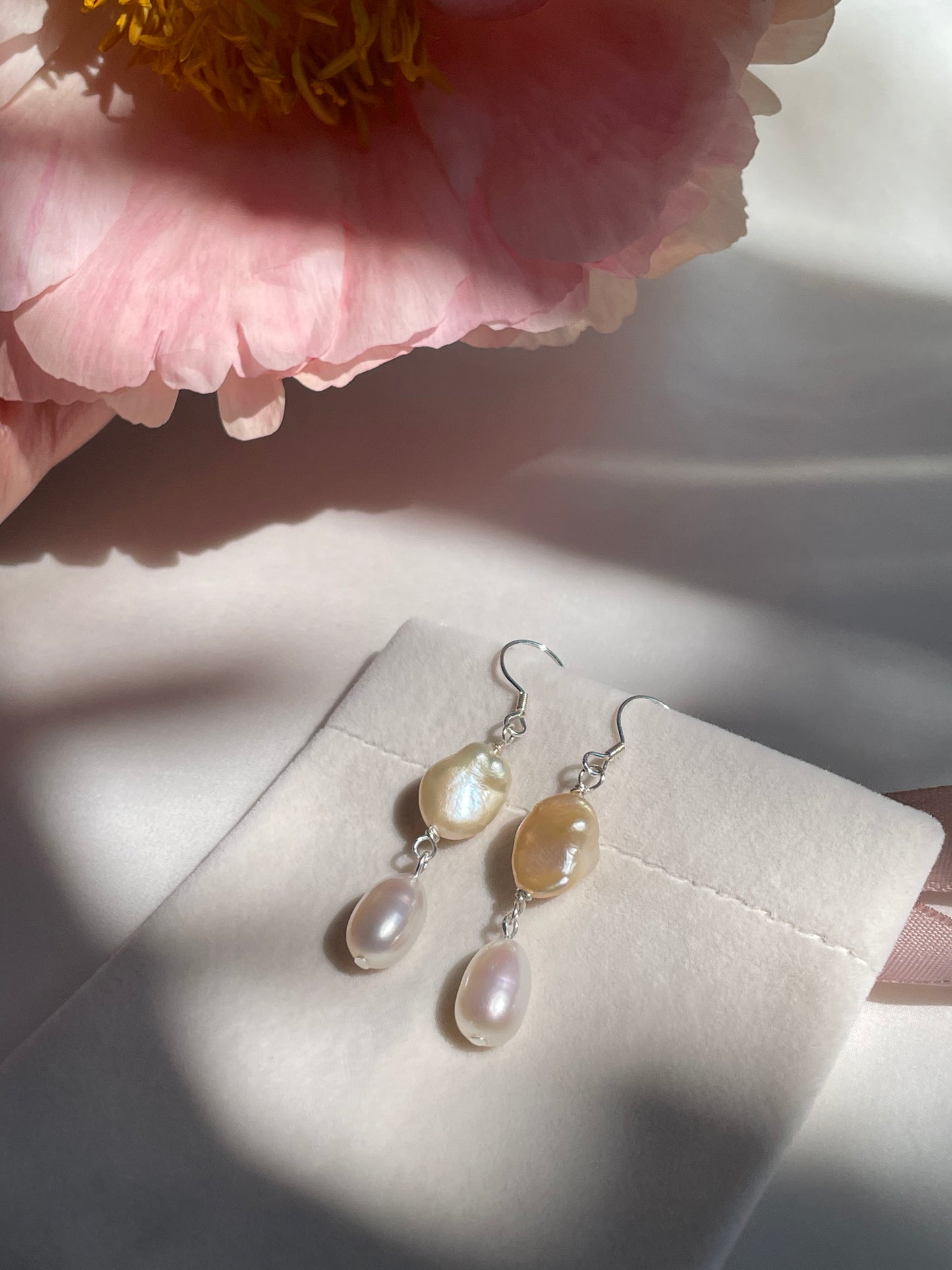 Keshi and freshwater pearl sterling silver drop earrings