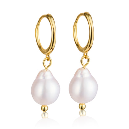 Baroque pearl drop huggie sterling silver earrings