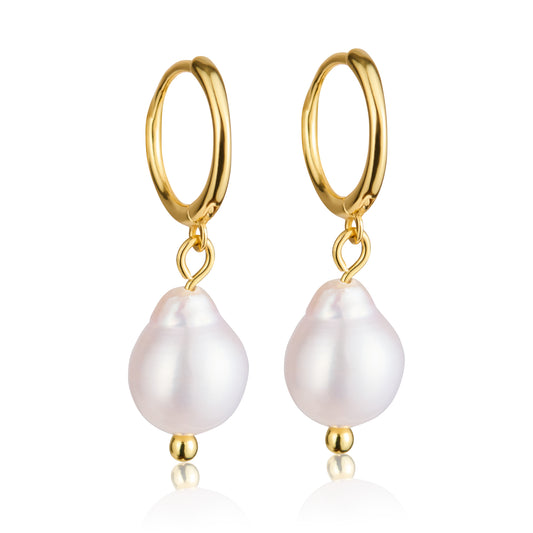 Baroque pearl drop huggie sterling silver earrings