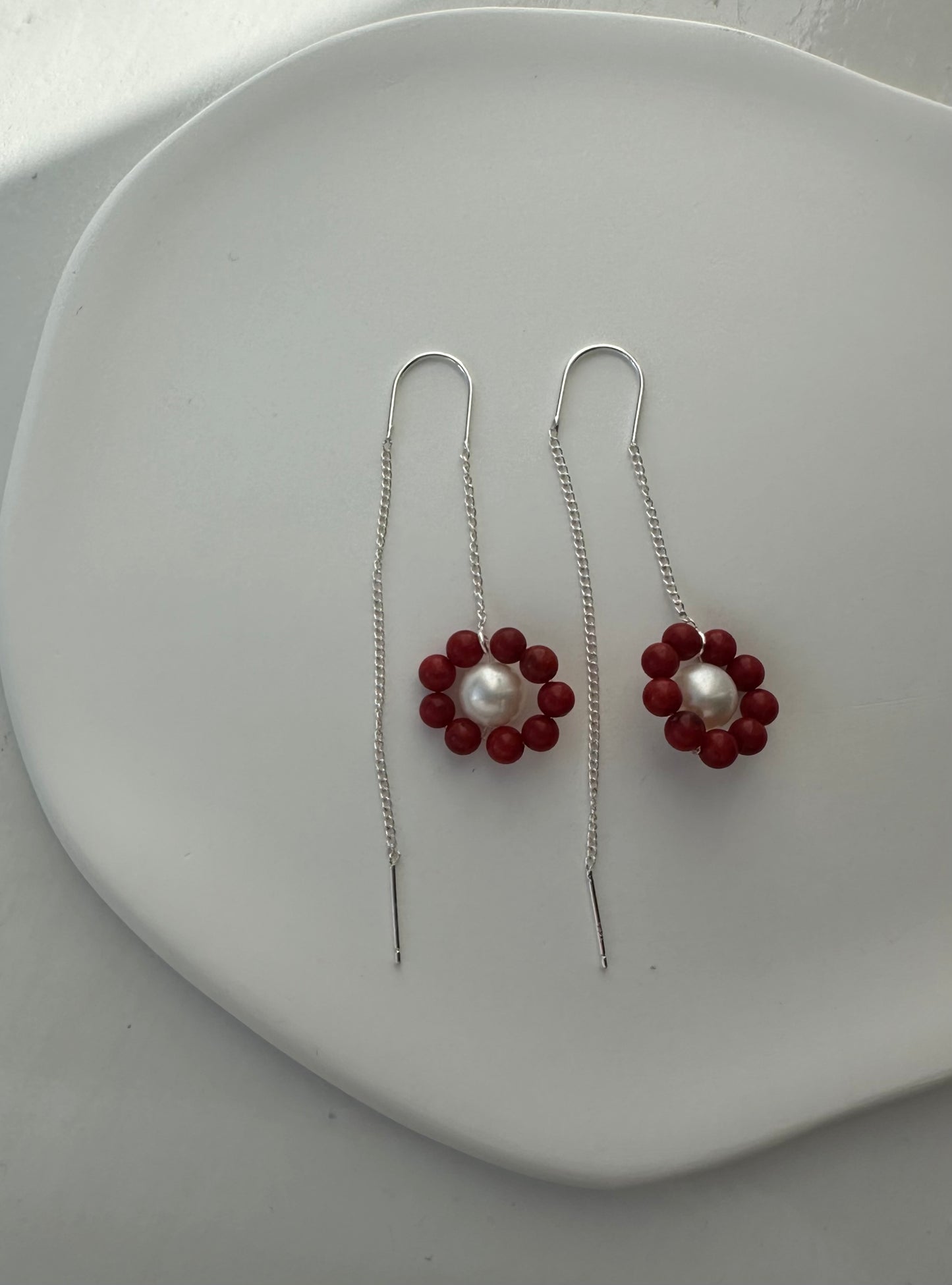 Coral and pearl flower sterling silver threader earrings