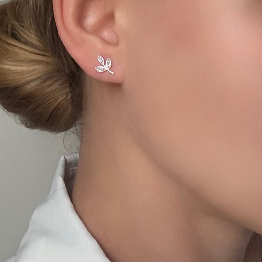Diamond leaf sterling silver earrings