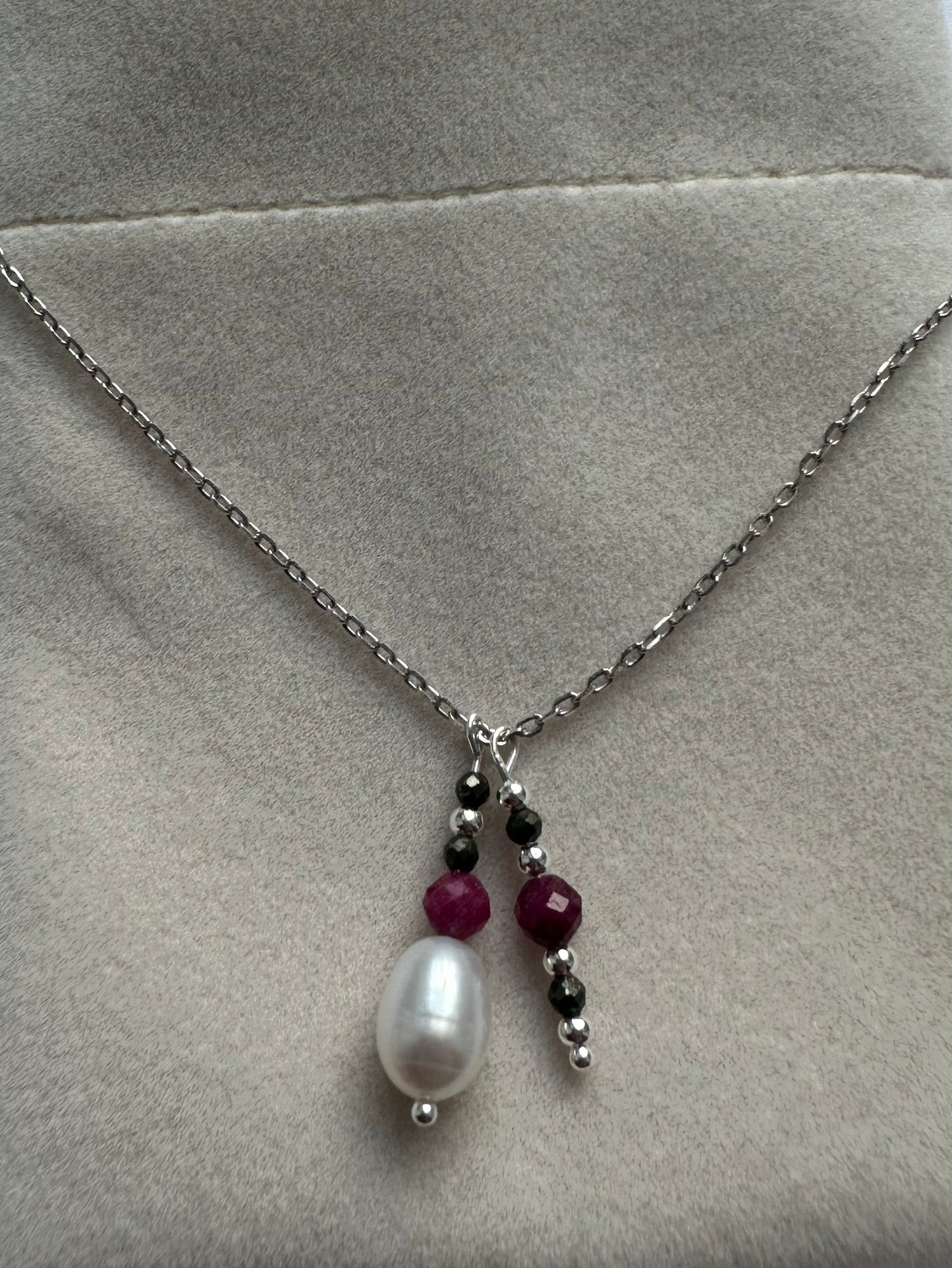 Pearl, ruby and pyrite gemstone earrings and necklace set