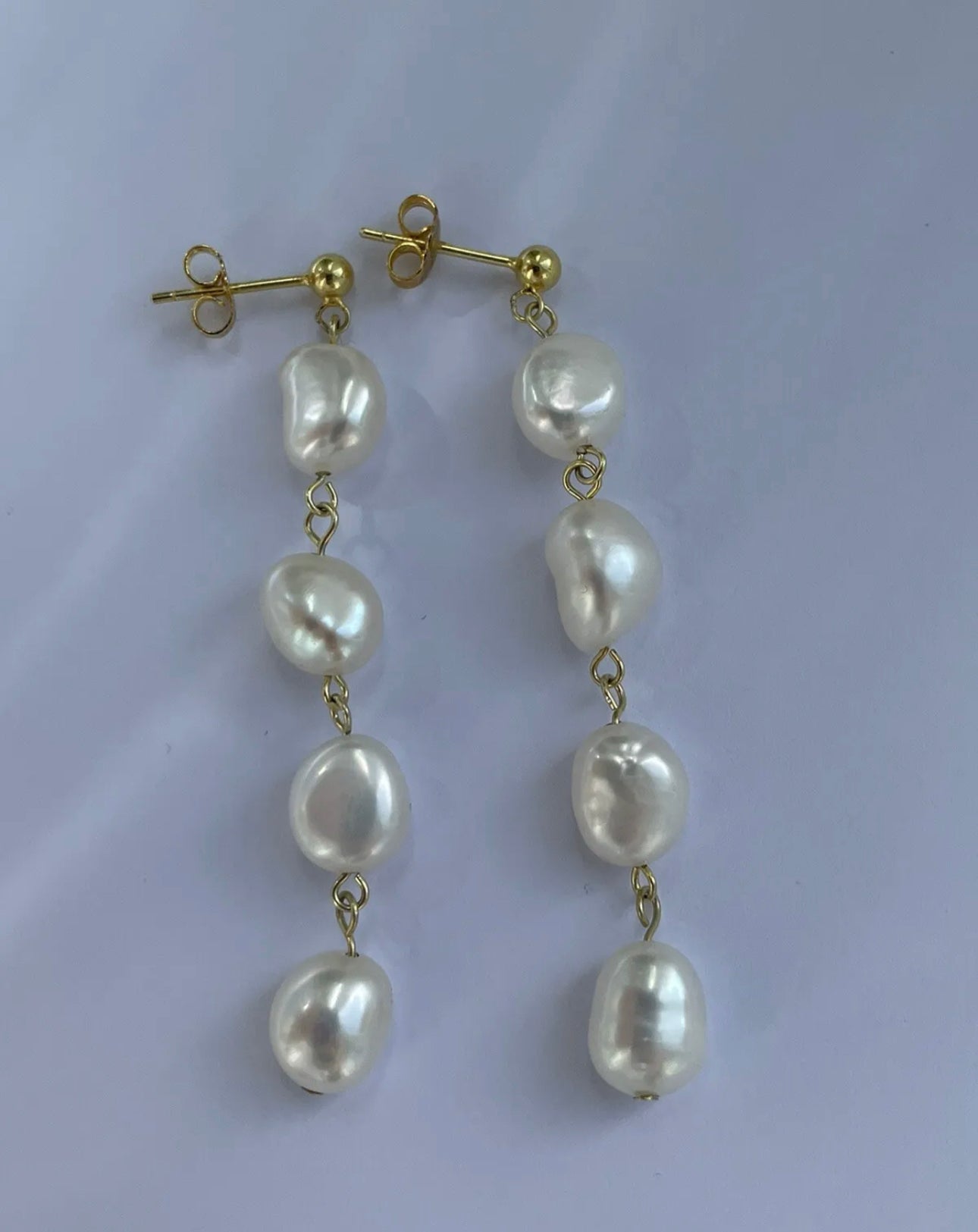 Long drop baroque pearl stud earrings