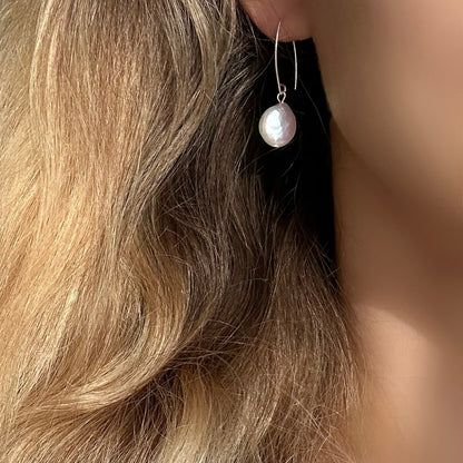 Teardrop pearl sterling silver wire hook earrings