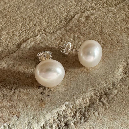 Large sterling silver pearl stud earrings
