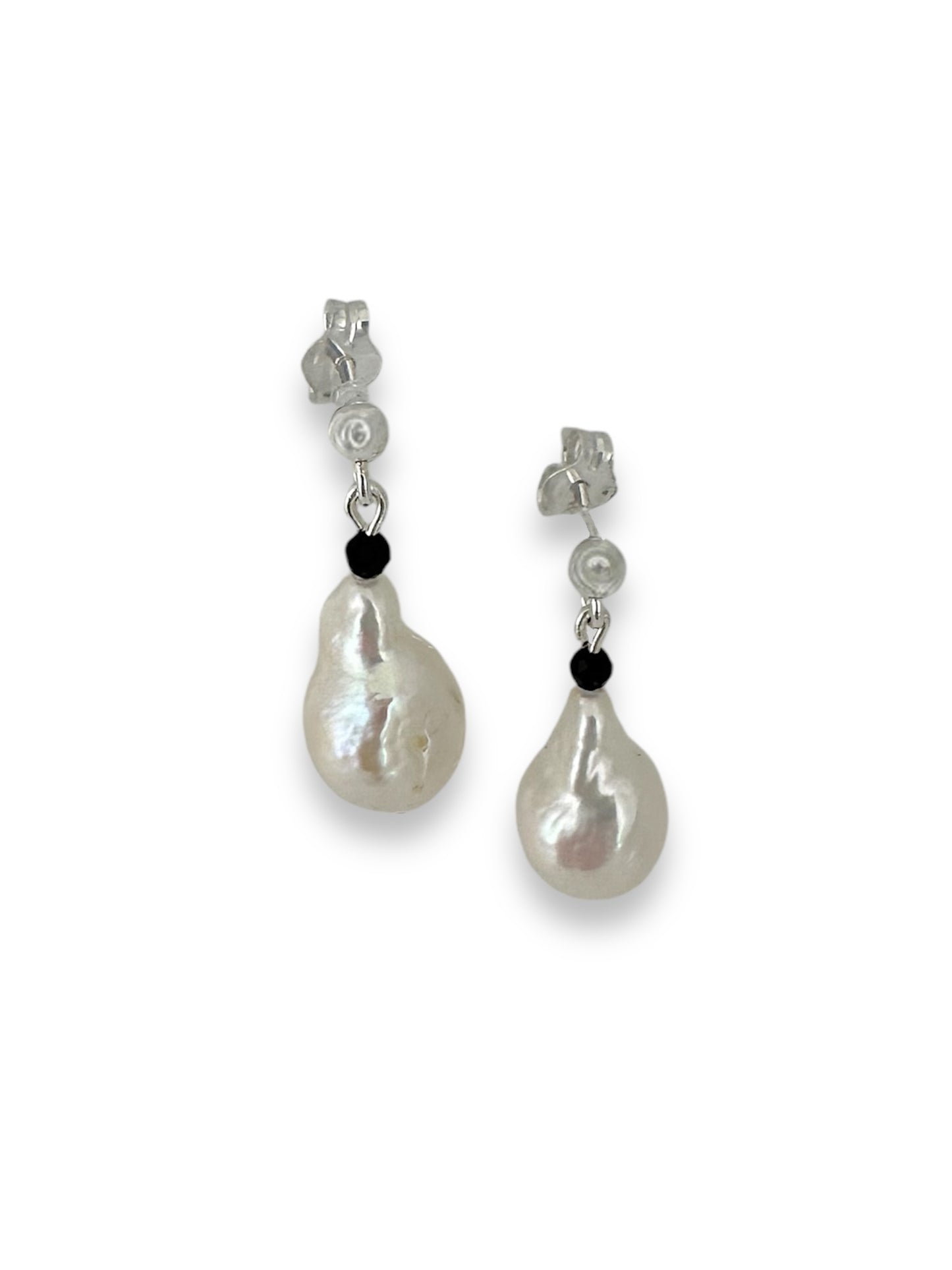 Baroque pearl and black spinel sterling silver earrings