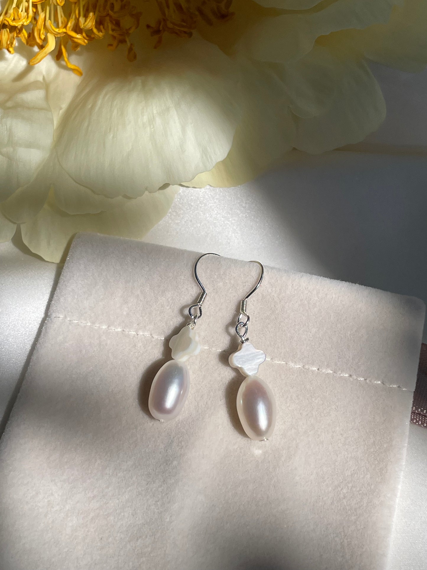 Pearl and mother of pearl clover drop earrings