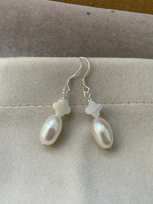 Pearl and mother of pearl clover drop earrings