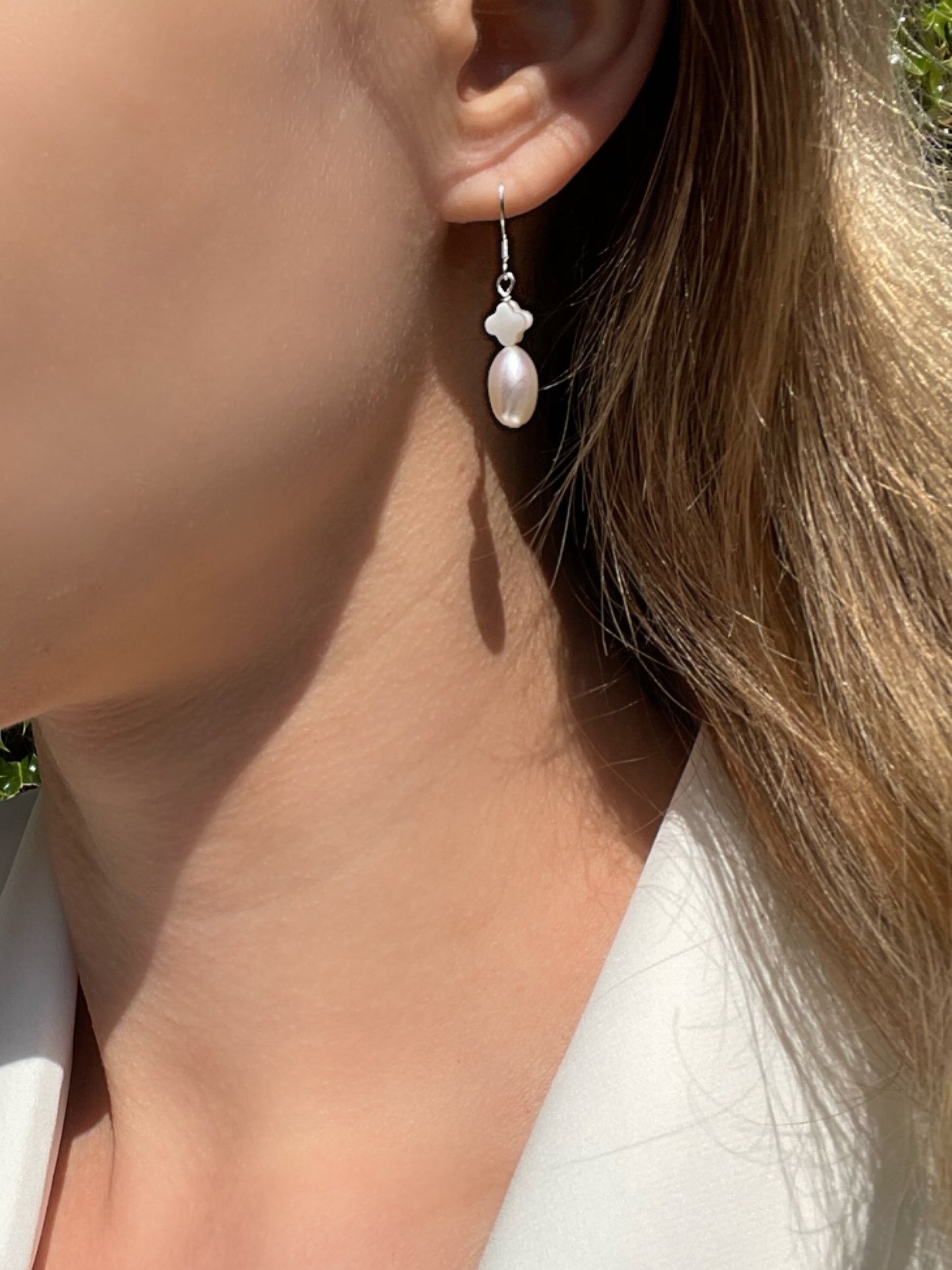 Pearl and mother of pearl clover drop earrings